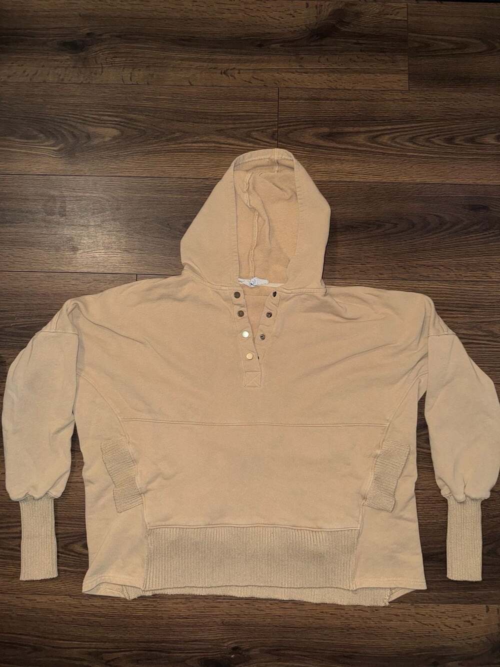 Bucket List Oversized Snap-Front Cotton Terry Hoodie in Tan